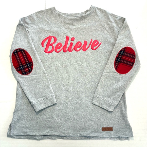 MarleyLilly BELIEVE Sweatshirt Oversized Elbow Patch Grey Red Christmas Size S/M - Picture 1 of 10